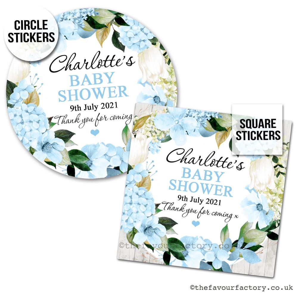 Baby Shower Favour Stickers Blue Hydrangeas Wreath x1