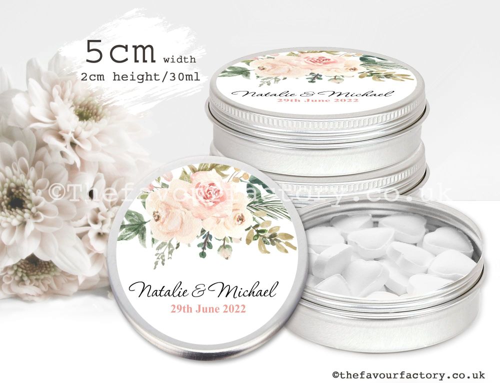 Wedding Favours Mint Tins | Blush & Ivory Floral Drop Bouquet x1