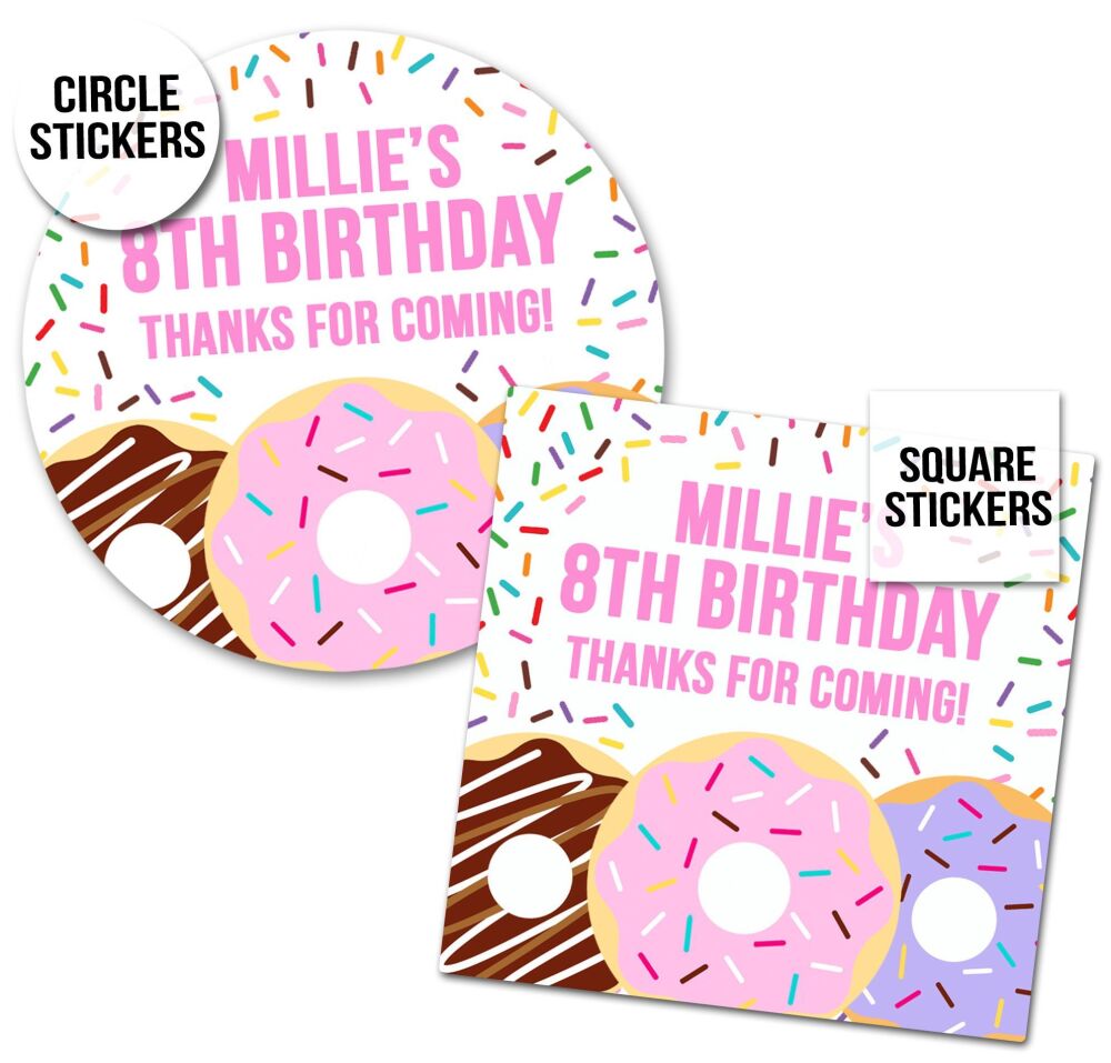 Personalised Stickers Birthday Donut Doughnut Party x1 A4 Sheet