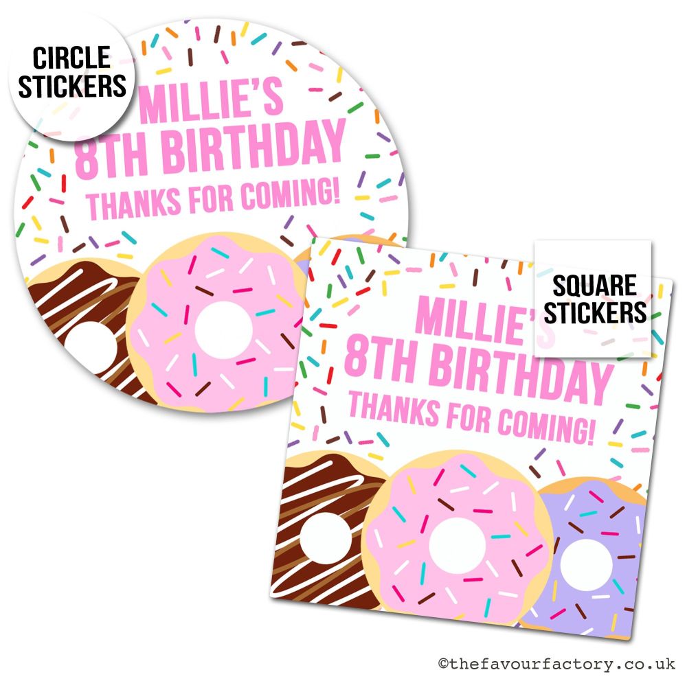 Personalised Stickers Birthday Donut Doughnut Party x1 A4 Sheet