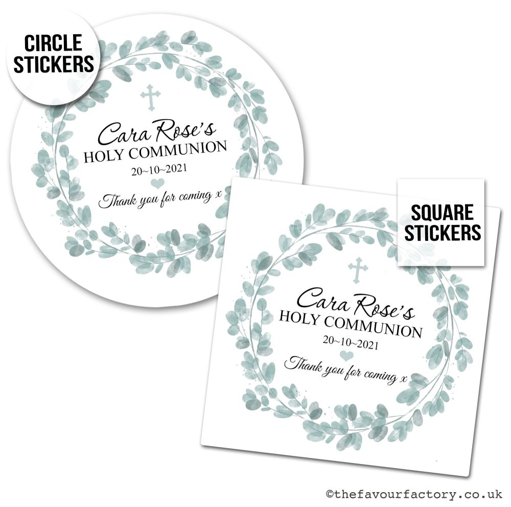 Personalised Stickers Communion Eucalyptus Wreath x1 A4 Sheet