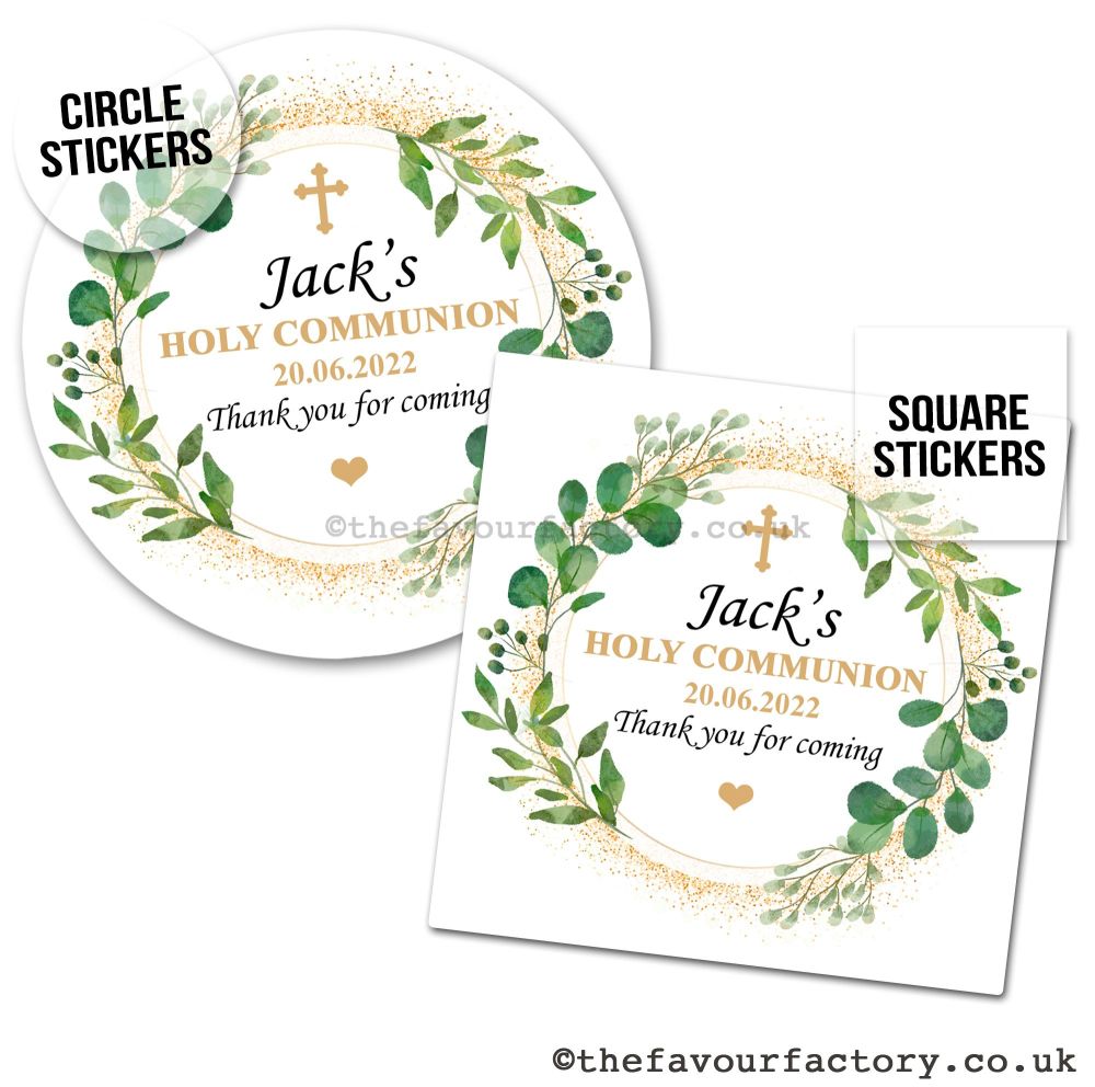 Personalised Stickers Communion Botanical Gold Dust x1 A4 Sheet