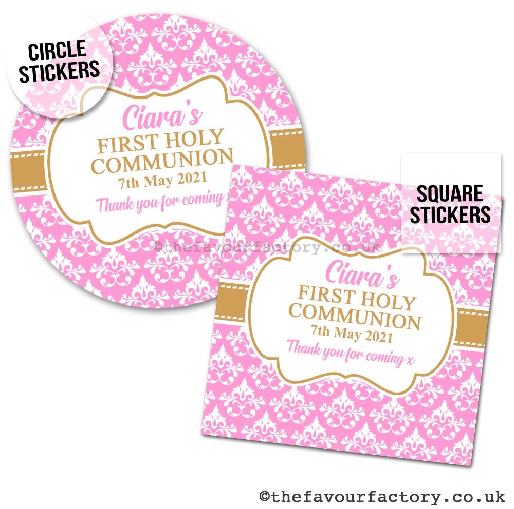 Personalised Stickers Communion Pink Damask x1 A4 Sheet