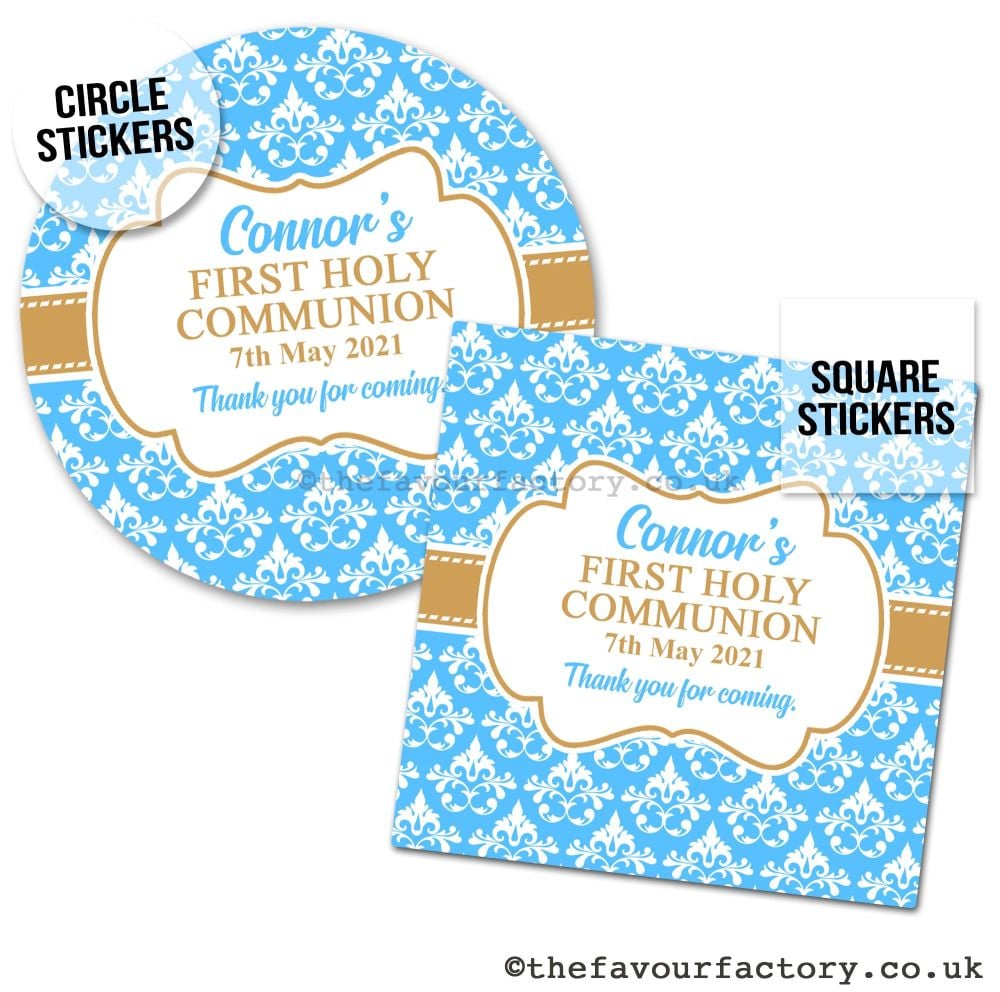 Personalised Stickers Communion Blue Damask x1 A4 Sheet