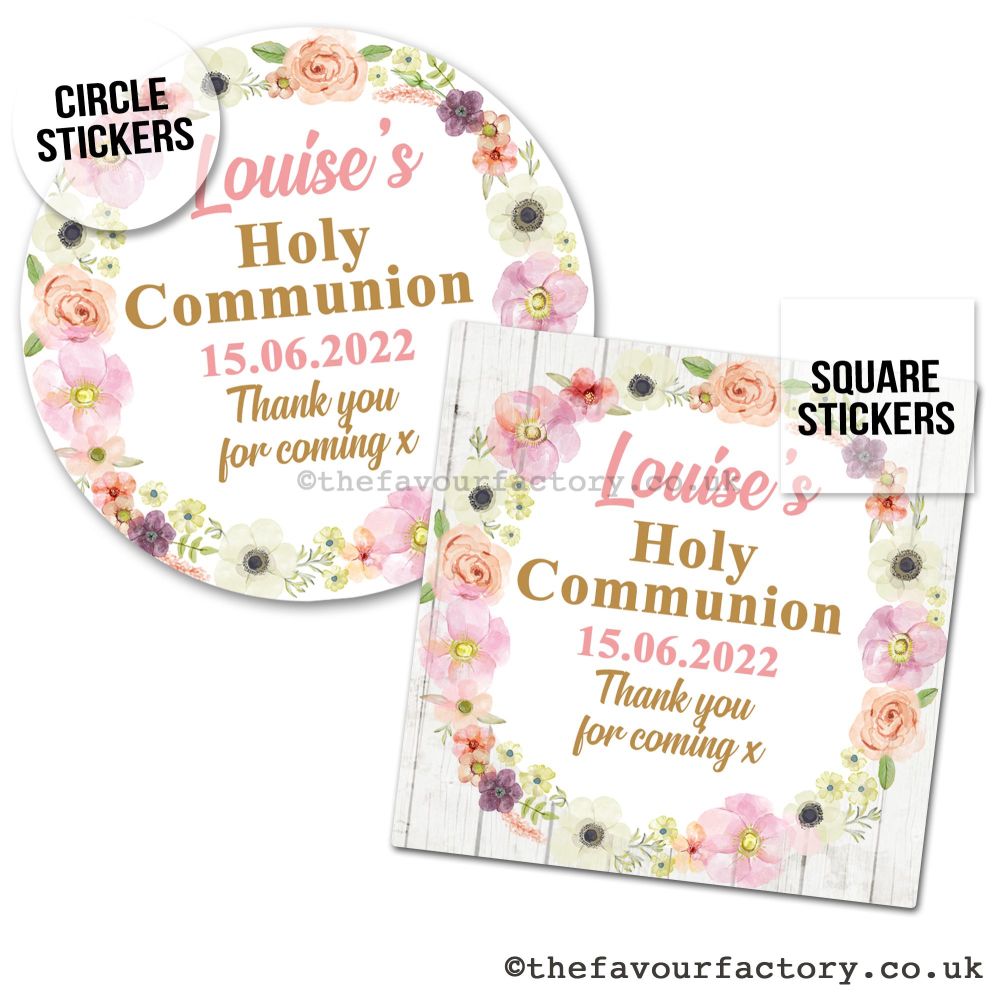 Personalised Stickers Communion Blush Floral Wreath x1 A4 Sheet