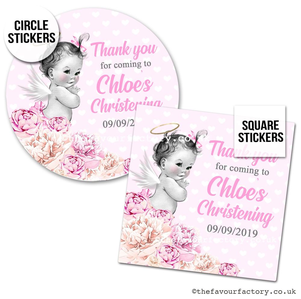 Christening Favour Stickers Vintage Baby Girl - A4 Sheet x1