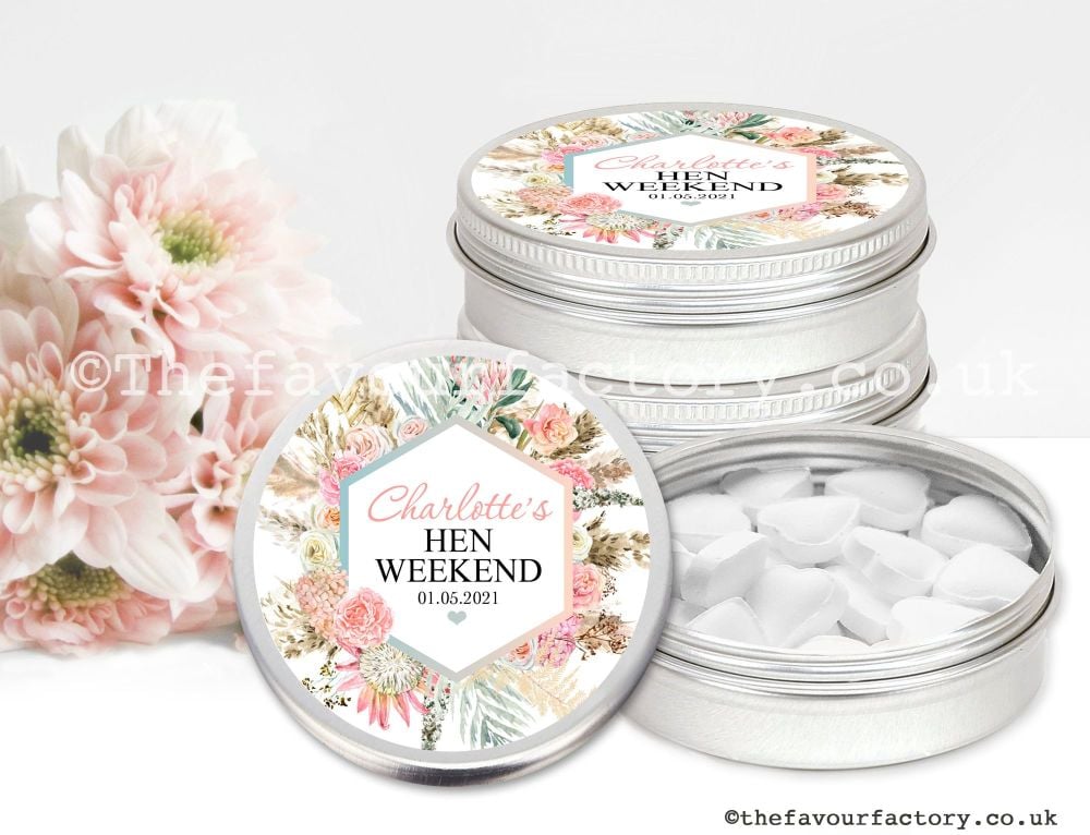 Hen Party Favour Tins Boho Floral Pampas Frame x1