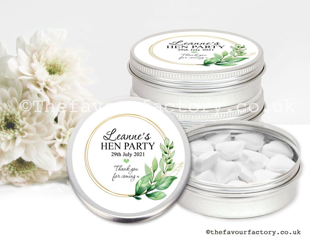 Hen Party Favour Tins Botanical Leaves Gold Frame x1