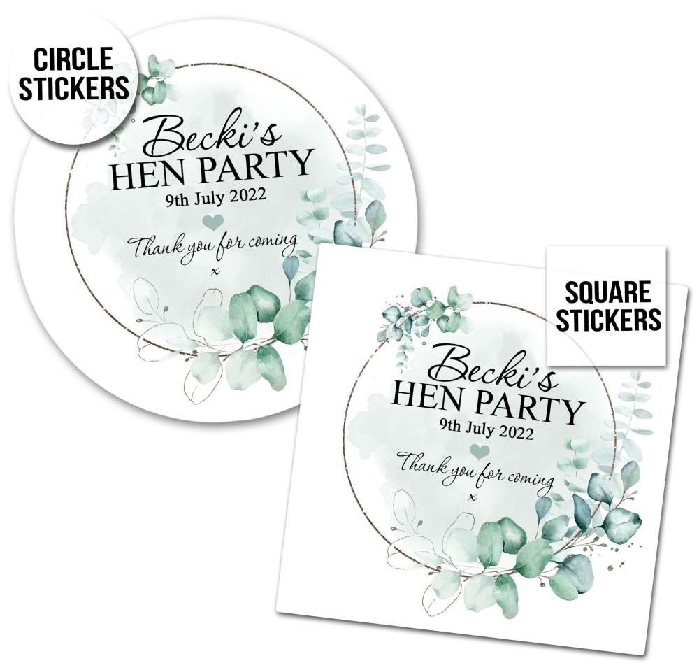 Personalised Stickers Hen Party Eucalyptus Silver Frame x1