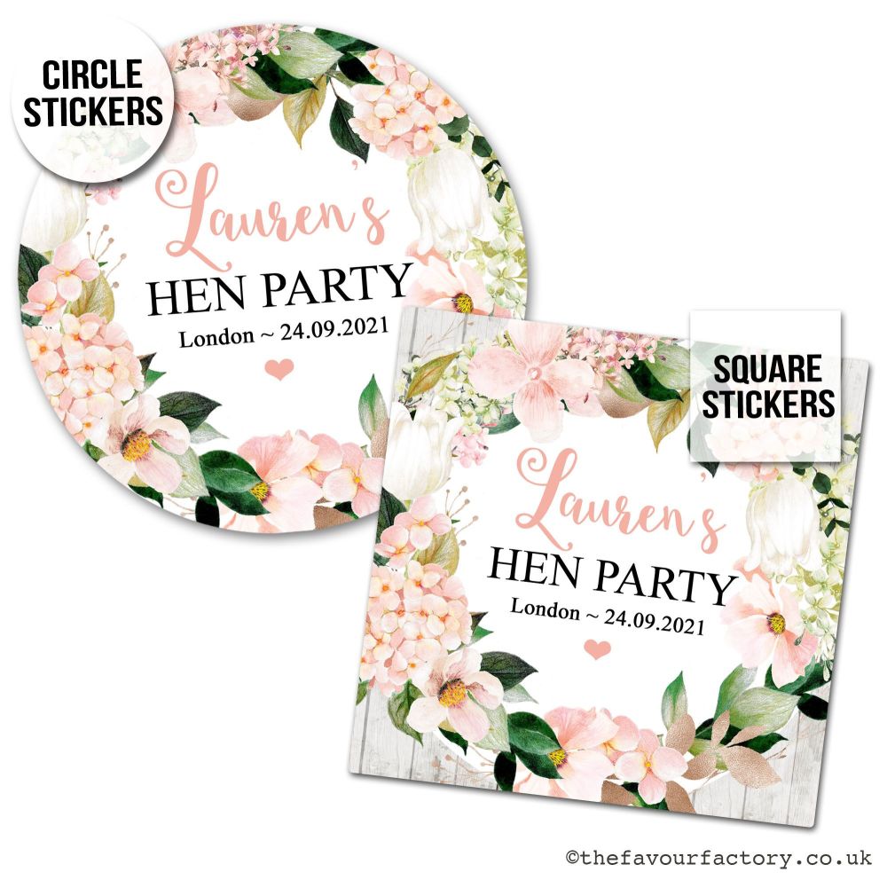 Personalised Stickers Hen Party Boho Blush Hydrangeas x1