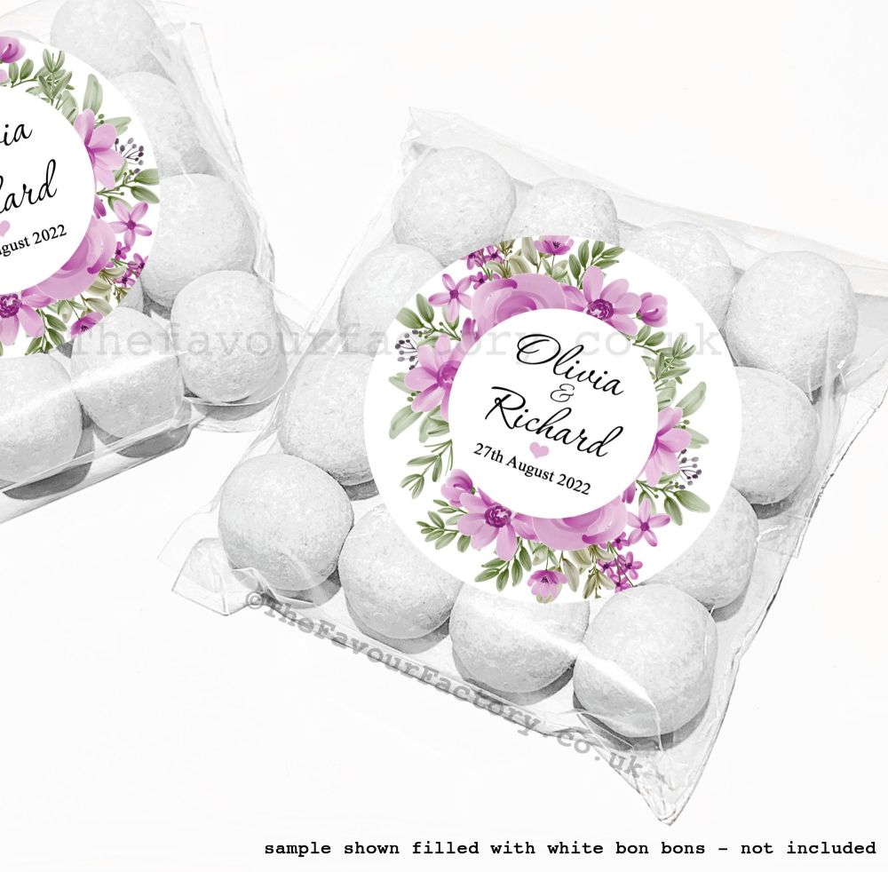 Wedding Table Favours Sweet Bag Kits | Lilac & Violet Floral Wreath x12