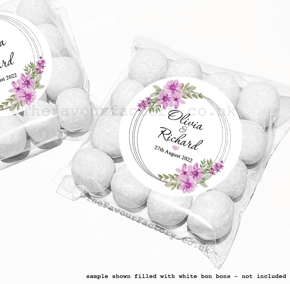 Wedding Table Favours Sweet Bag Kits | Lilac & Violet Florals Silver Frame x12