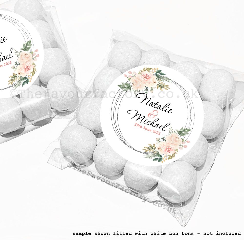 Wedding Table Favours Sweet Bag Kits | Blush & Ivory Floral Silver Frame x12