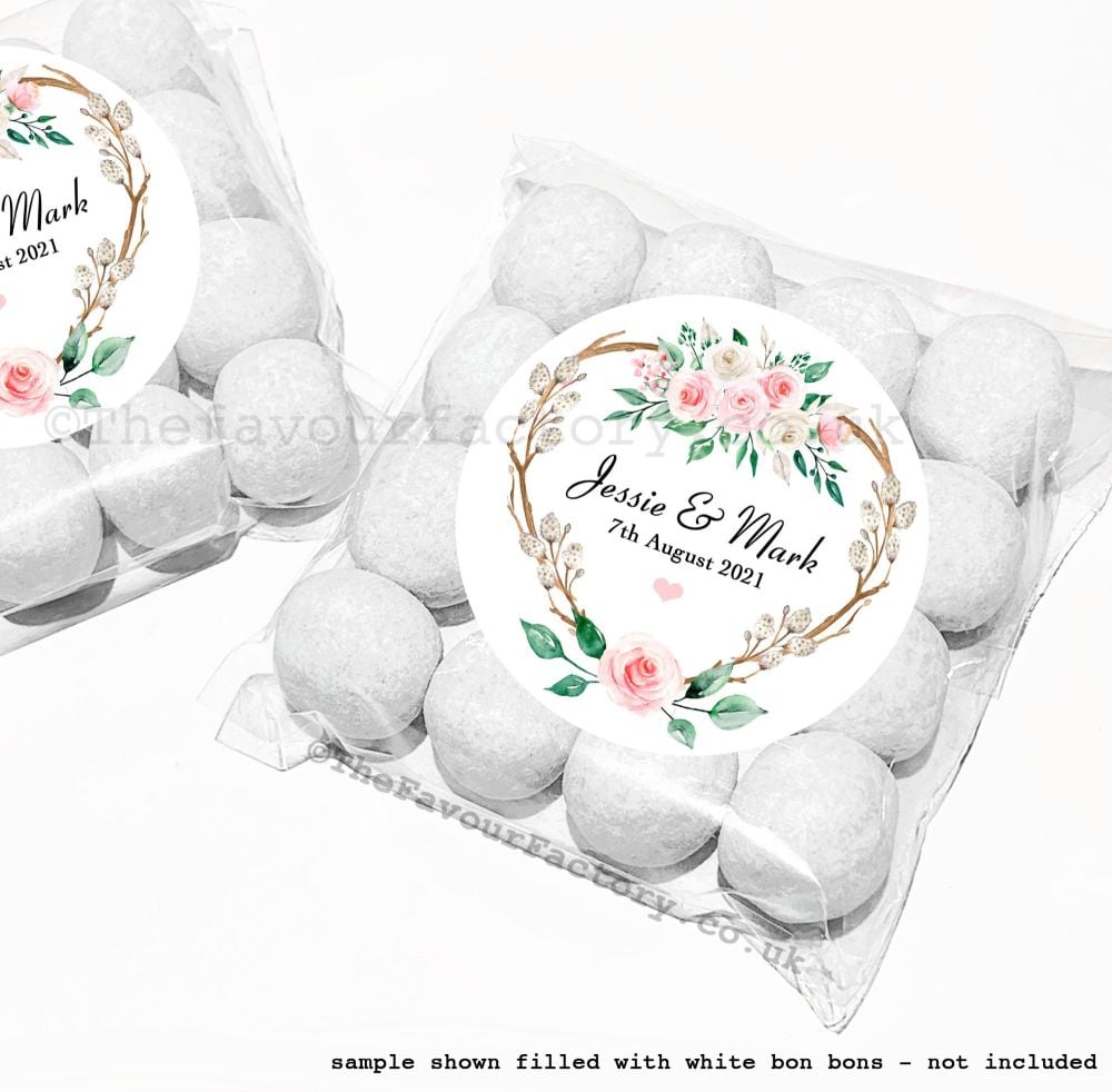 Wedding Table Favours Sweet Bag Kits | Boho Rustic Floral Heart Wreath x12