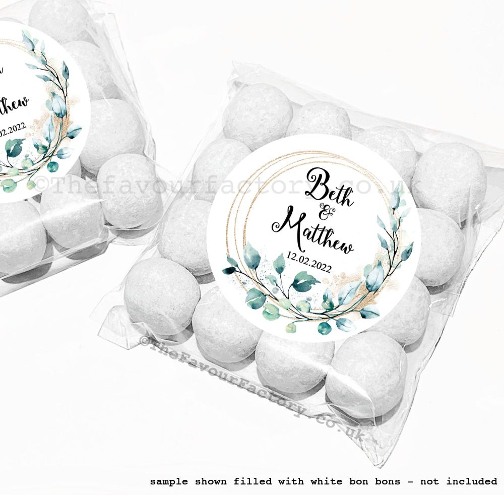 Wedding Table Favours Sweet Bag Kits | Light Gold Sparkle Botanical Frame x12