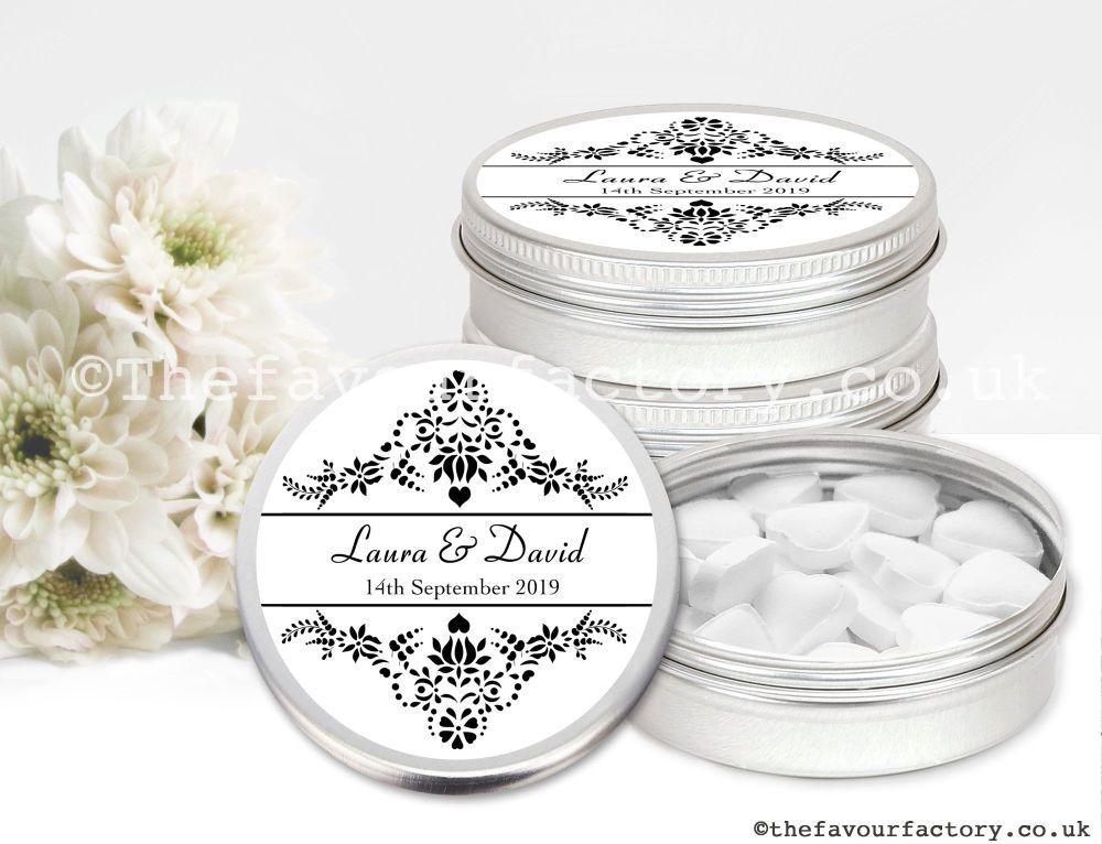 Personalised Wedding Favour Tins | Black and White Elegance x1