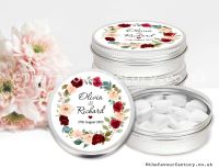 Wedding Favours Mint Tins Burgundy & Blush Floral Roses Wreath x1