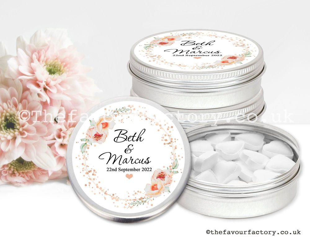 Wedding Favours Mint Tins Confetti Speckle Rose Gold Florals x1