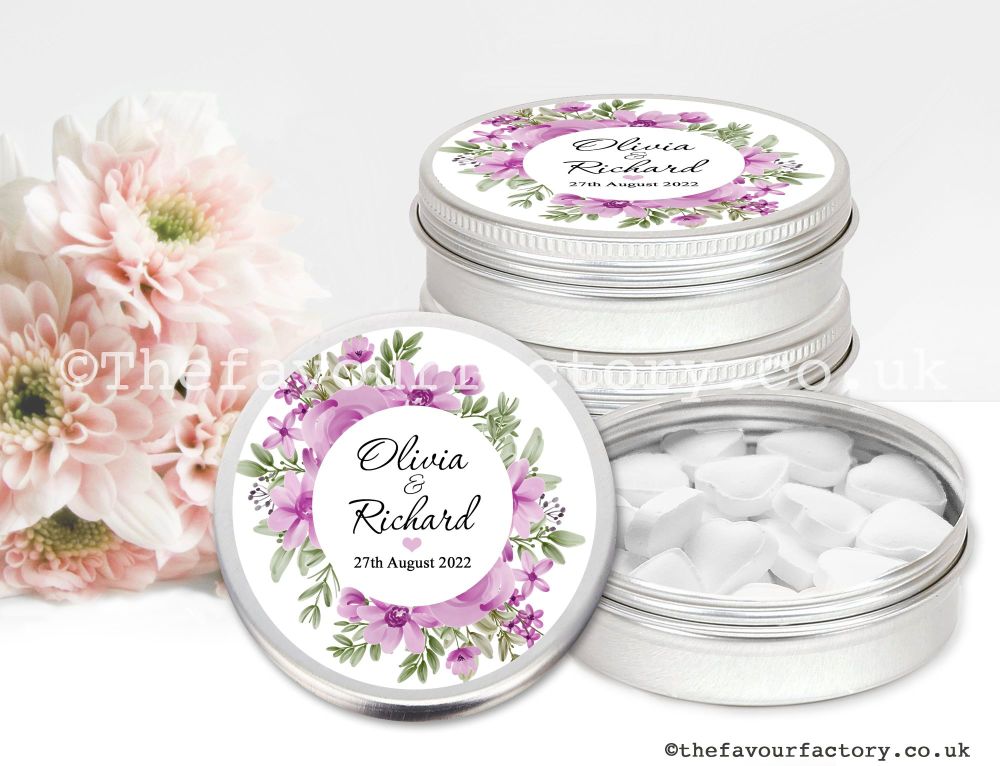 Personalised Wedding Favour Tins | Lilac & Violet Floral Wreath x1