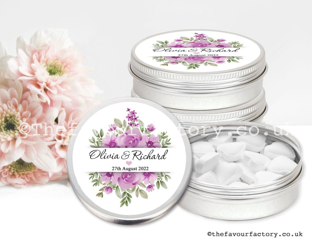 Personalised Wedding Favour Tins | Lilac Floral Bouquet Banner x1