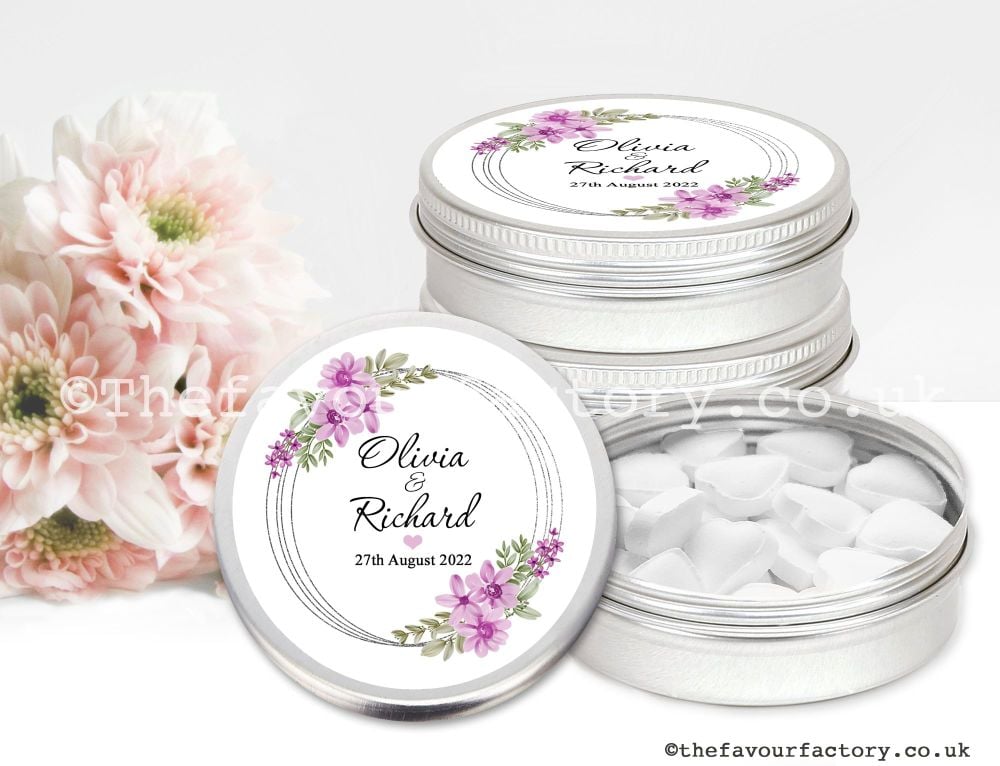 Wedding Favours Mint Tins Lilac & Violet Florals Silver Frame x1