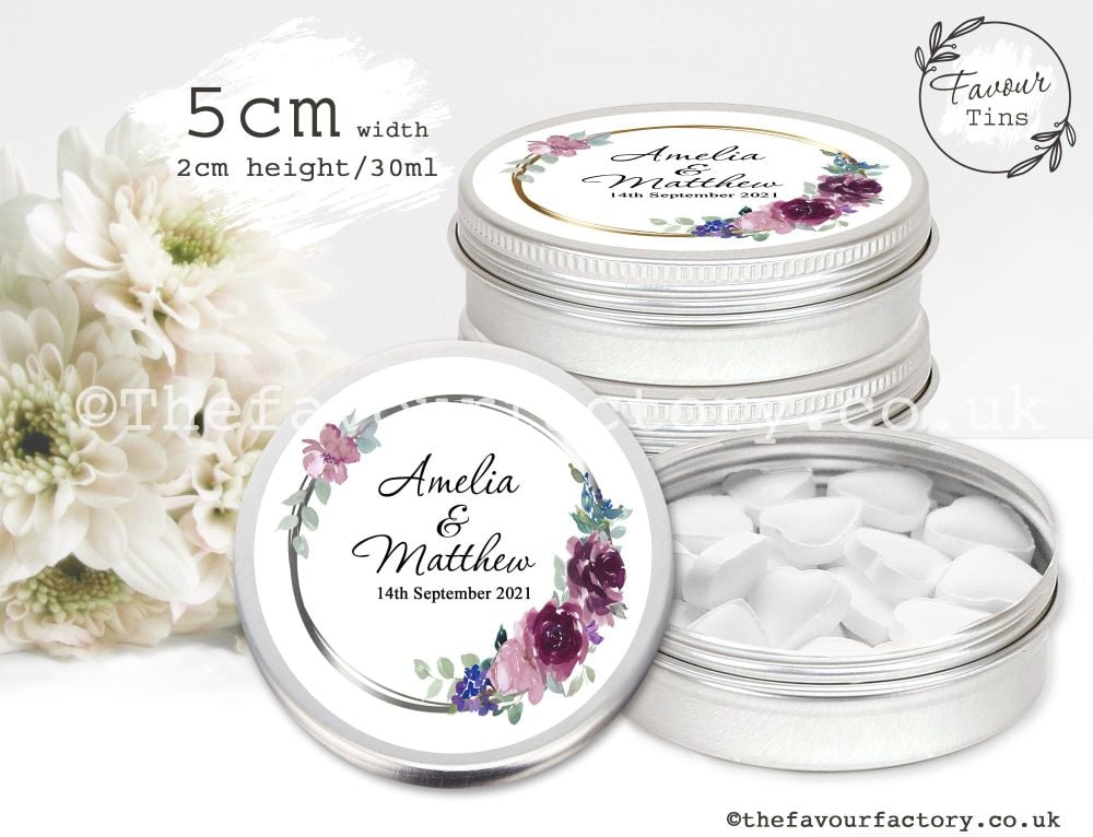 Personalised Wedding Favour Tins | Mauve & Plum Watercolour Floral x1