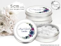 Wedding Favours Mint Tins Navy & Aubergine Floral Silver Frame x1