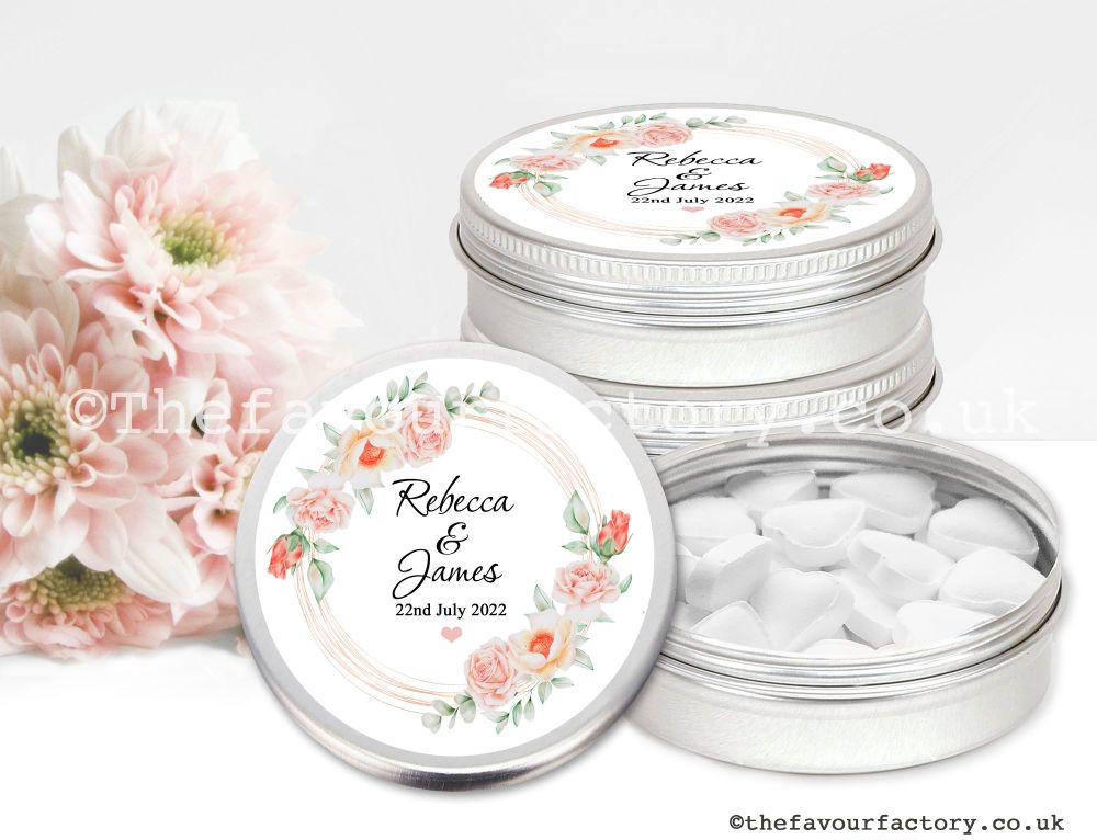 Personalised Wedding Favour Tins | Rose Gold Floral Frame x1