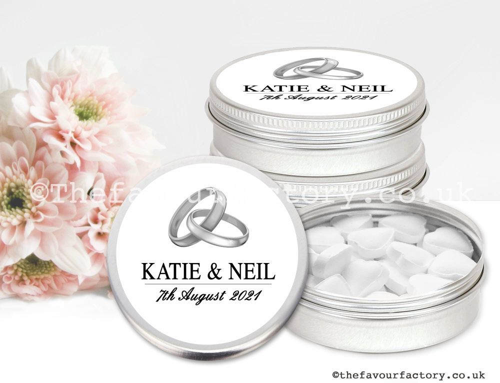 Personalised Wedding Favour Tins | Silver Wedding Rings x1