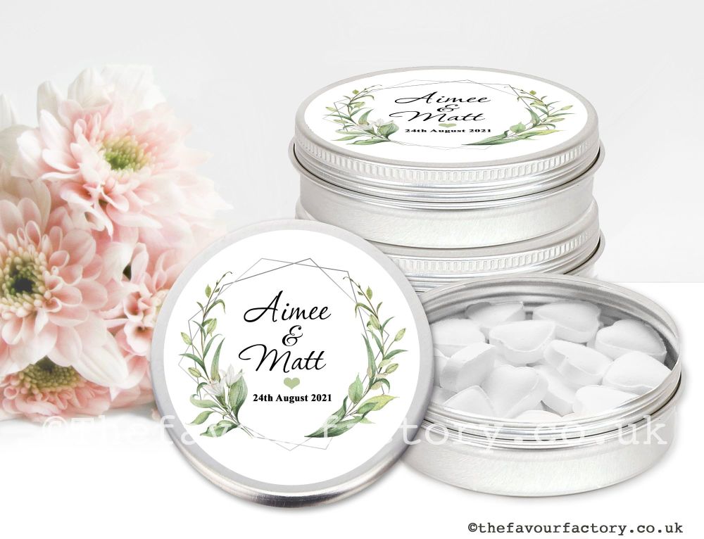 Personalised Wedding Favour Tins | White Lily Geometric Frame x1