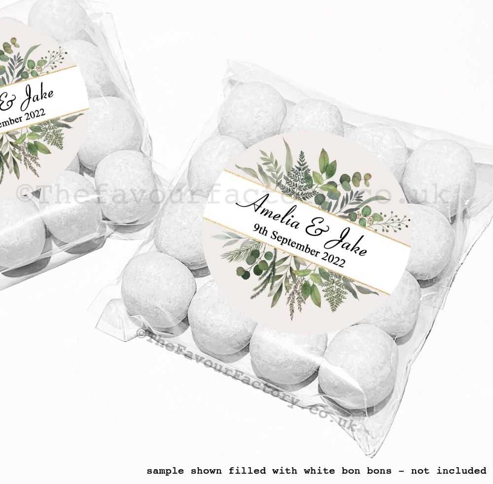 Wedding Table Favours Sweet Bag Kits | Botanical Wreath Gold Sparkle Banner x12
