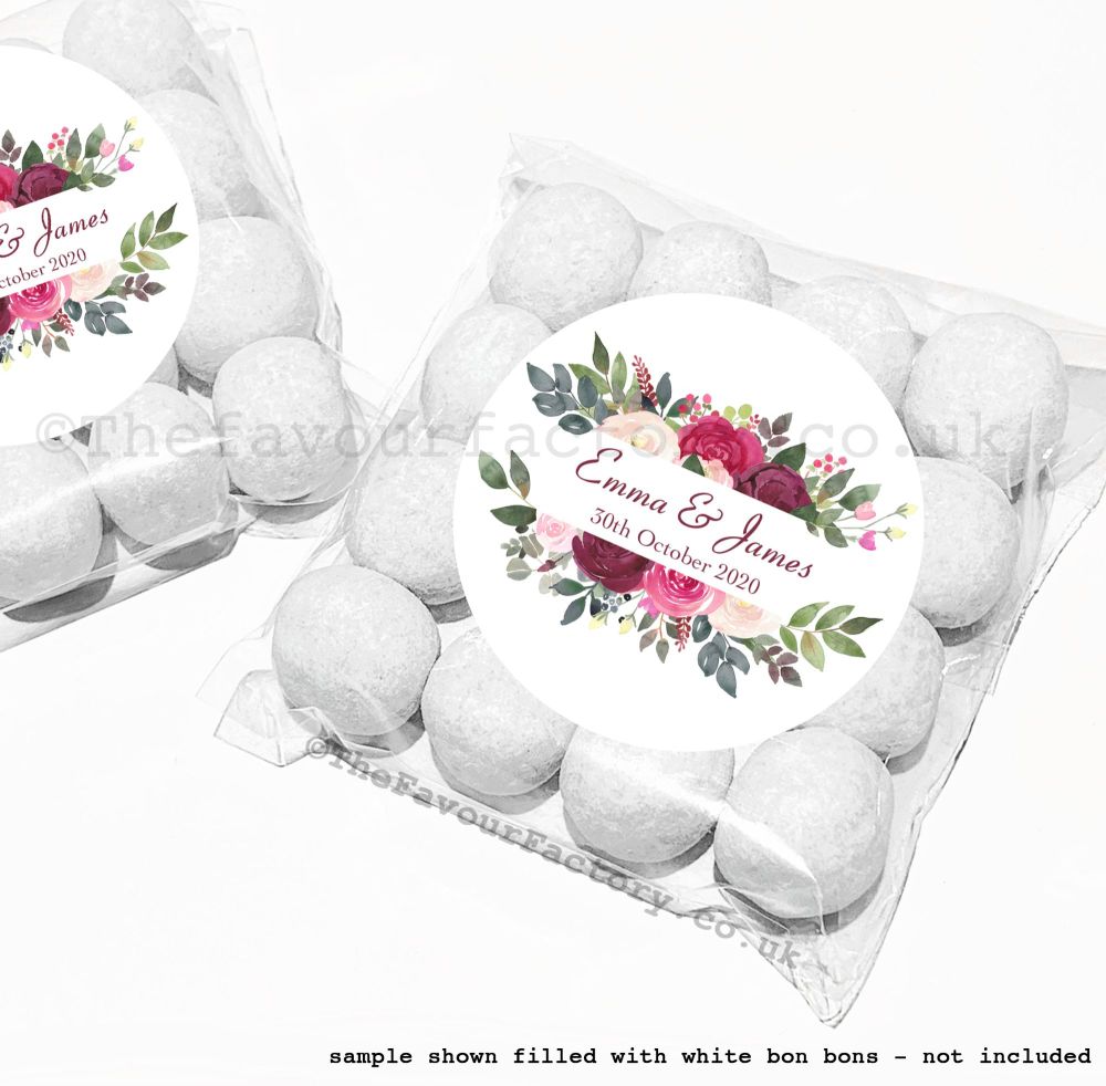 Wedding Table Favours Sweet Bag Kits | Burgundy & Blush Floral Bouquet Banner x12