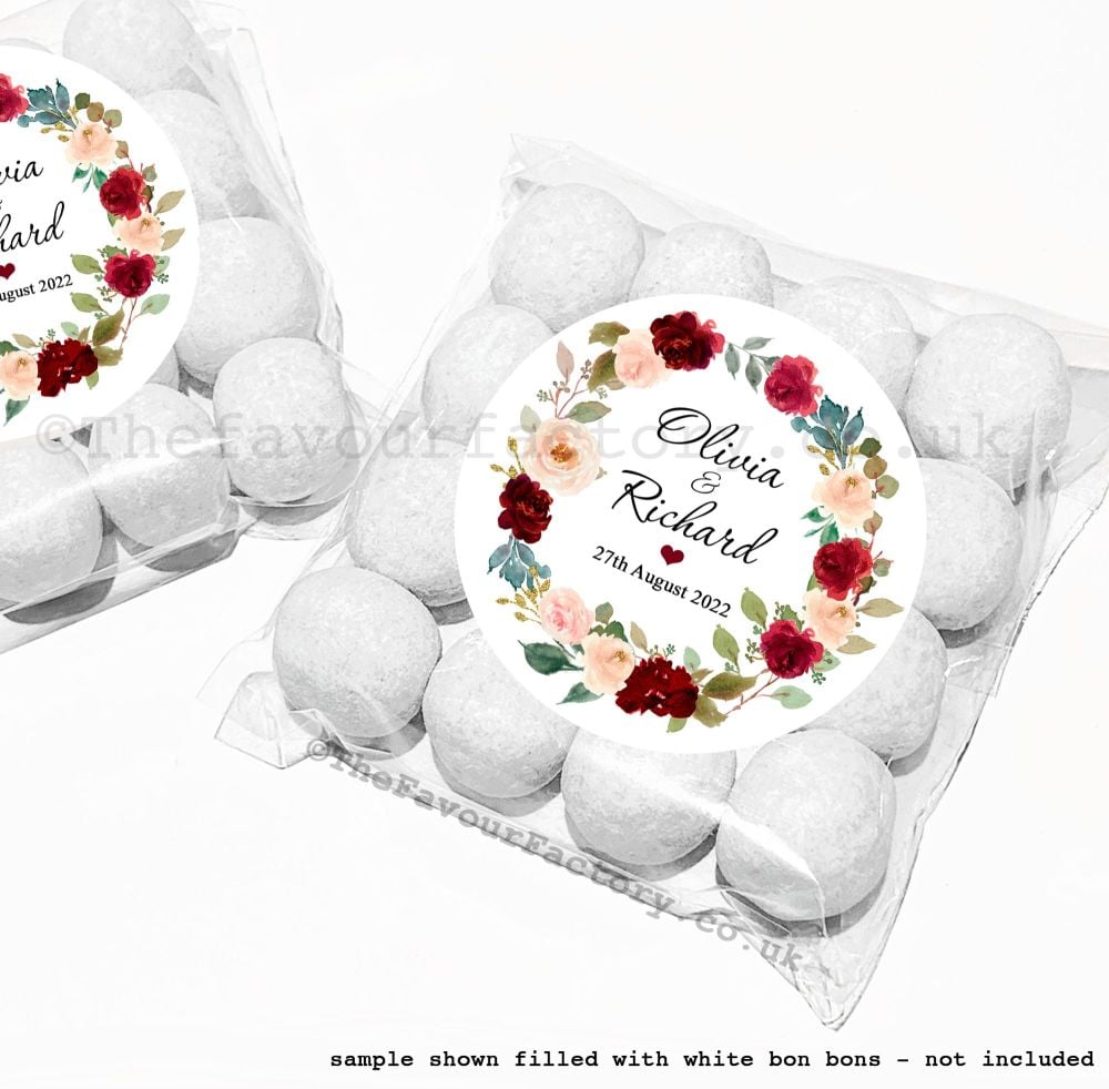 Personalised Wedding Favour Bag Kits | Burgundy & Blush Floral Roses Wreath