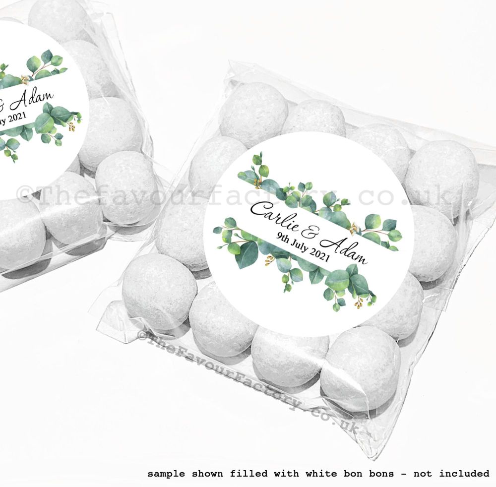 Personalised Wedding Favour Bag Kits | Green Eucalyptus Plant Banner x12