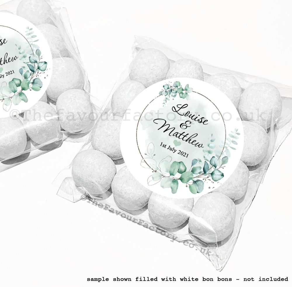 Wedding Table Favours Sweet Bag Kits | Green Eucalyptus Plant Silver Frame x12