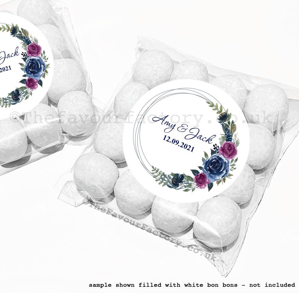 Wedding Table Favours Sweet Bag Kits | Navy & Aubergine Floral Silver Frame x12