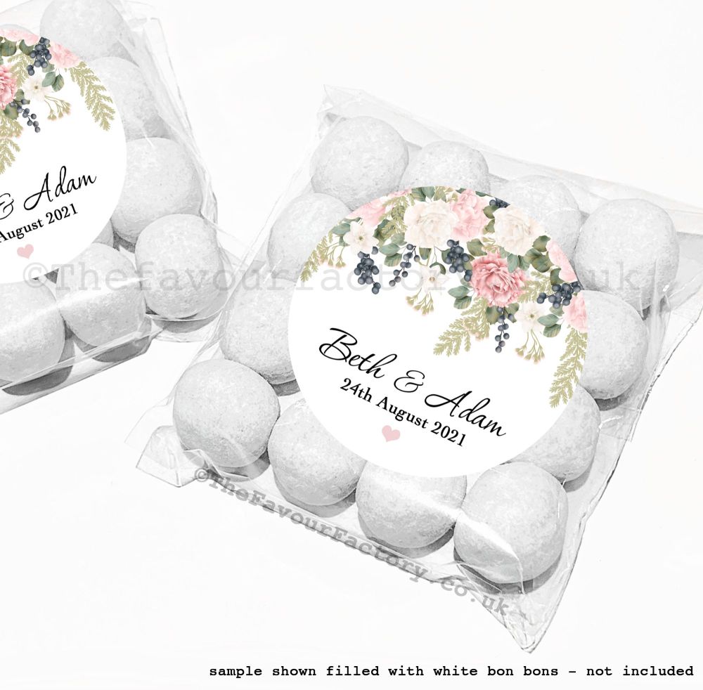 Wedding Table Favours Sweet Bag Kits | Peony, Eucalyptus & Berry Bouquet x12