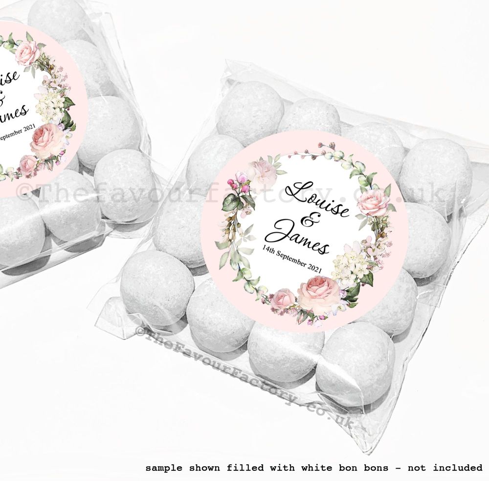Wedding Table Favours Sweet Bag Kits | Pink Vintage Floral Rose Wreath x12