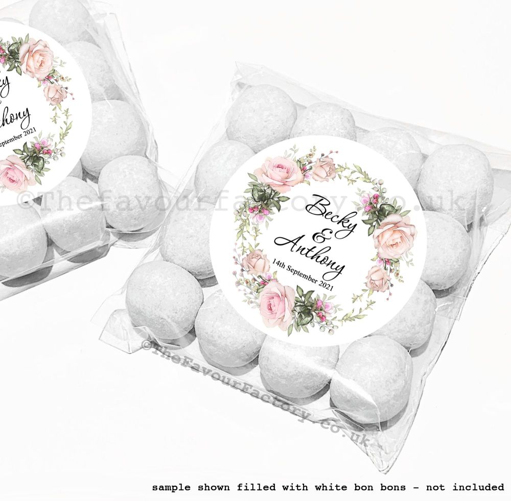 Wedding Table Favours Sweet Bag Kits | Vintage Floral Rose Wreath x12
