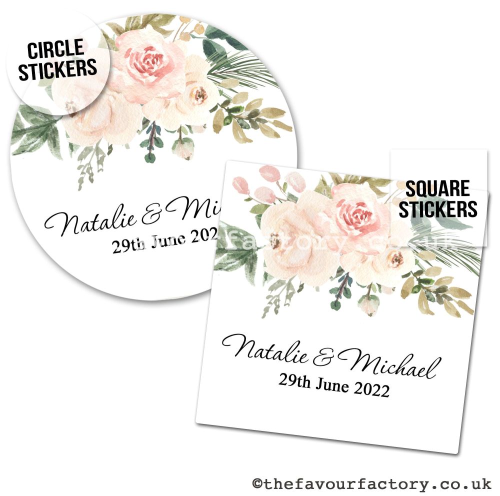 Personalised Wedding Stickers | Blush & Ivory Floral Drop Bouquet - A4 Shee