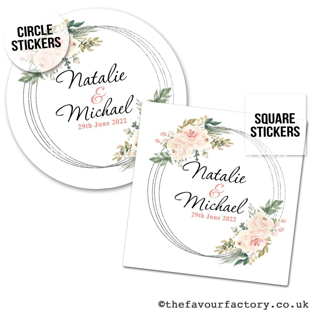 Personalised Stickers Wedding Blush & Ivory Floral Silver Frame