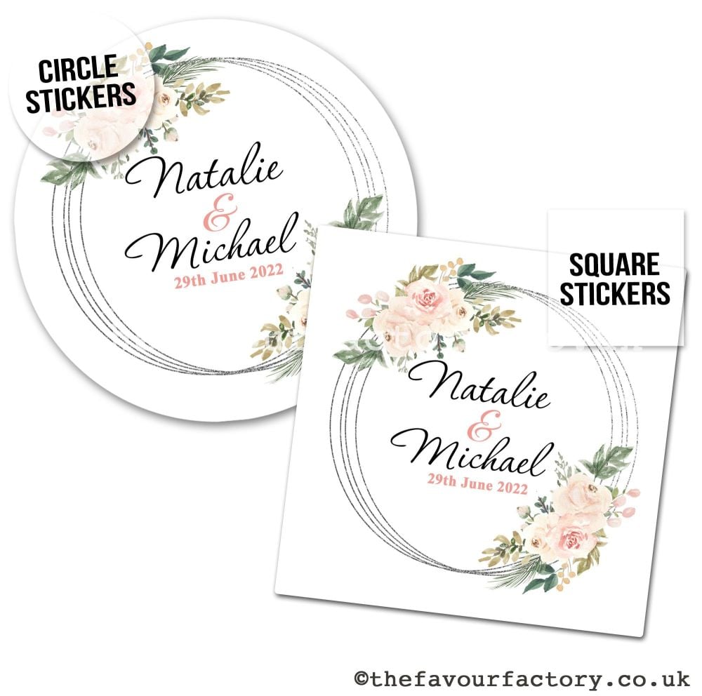 Personalised Wedding Stickers | Blush & Ivory Floral Silver Frame - A4 Shee