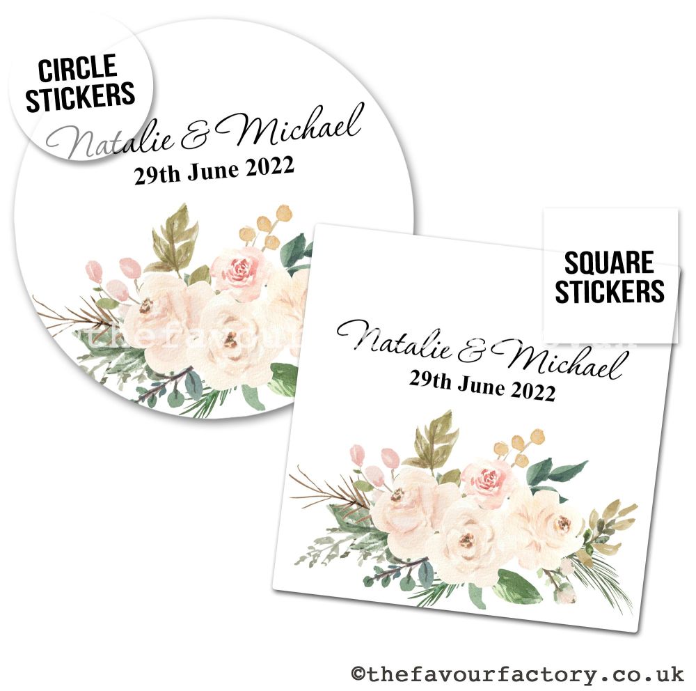 Personalised Wedding Stickers | Blush & Ivory Watercolour Florals - A4 Shee