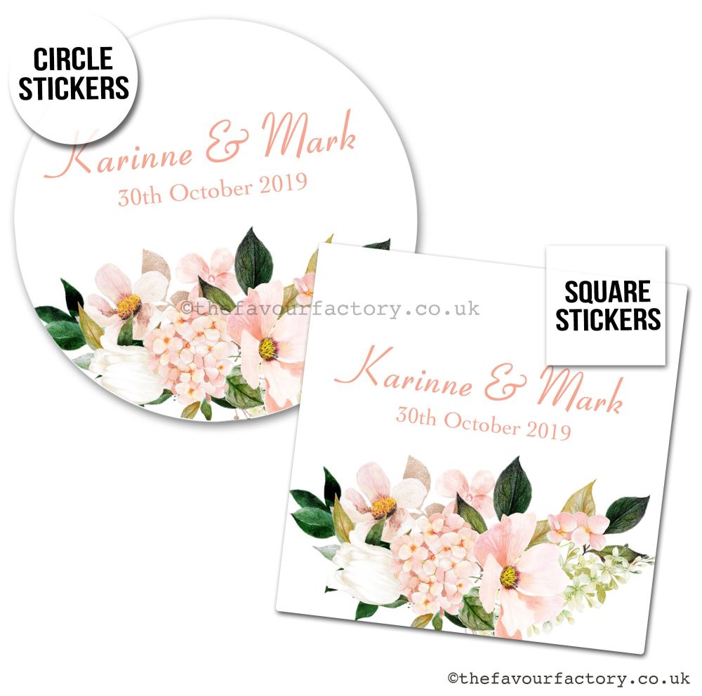 Personalised Wedding Stickers | Blush Pink Floral Hydrangea Bouquet - A4 Sh
