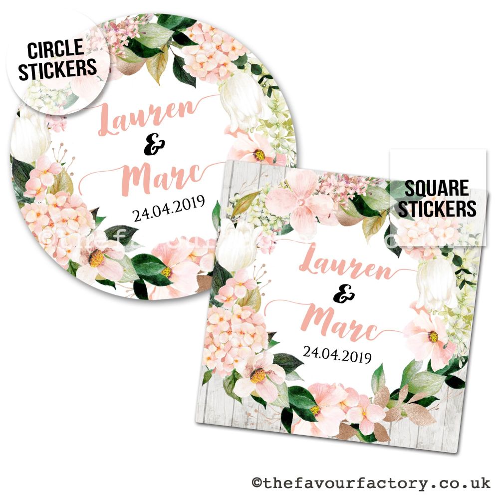 Personalised Wedding Stickers | Blush Pink Floral Hydrangea Wreath - A4 She