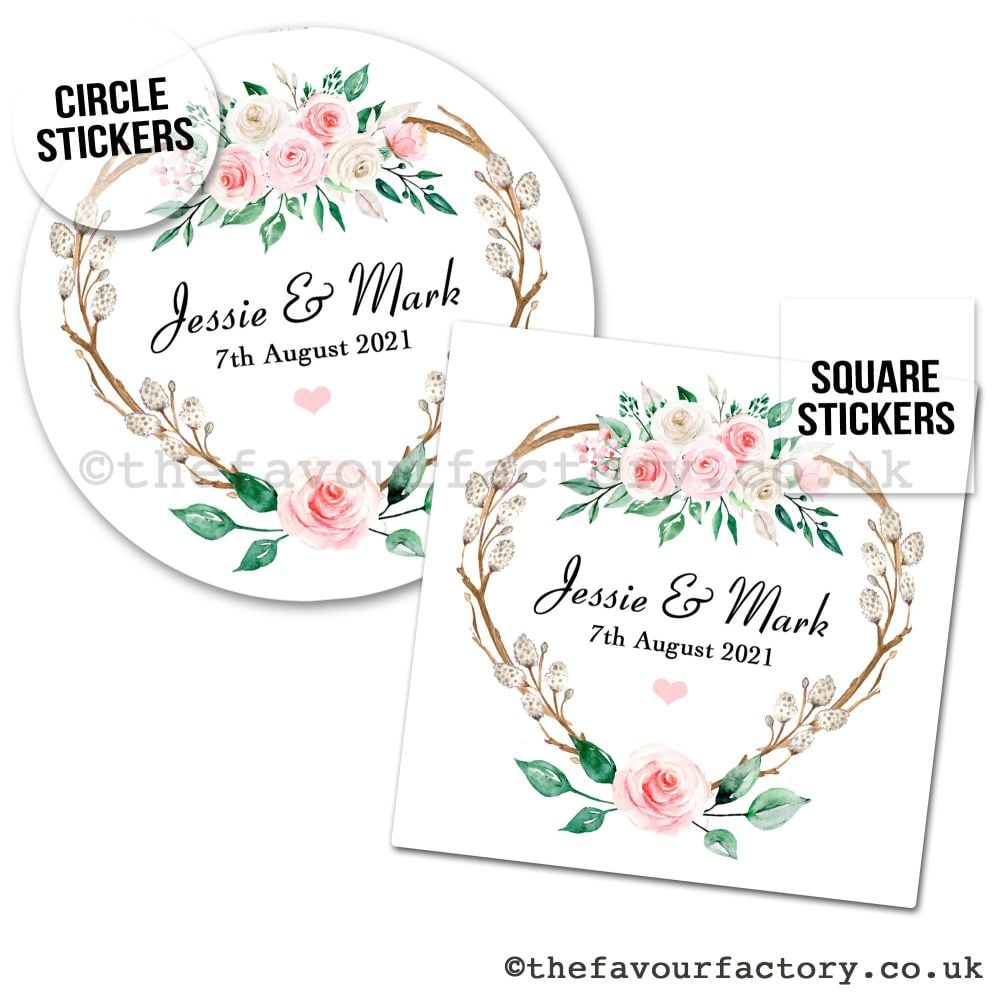 Personalised Wedding Stickers | Boho Rustic Floral Heart Wreath - A4 Sheet 