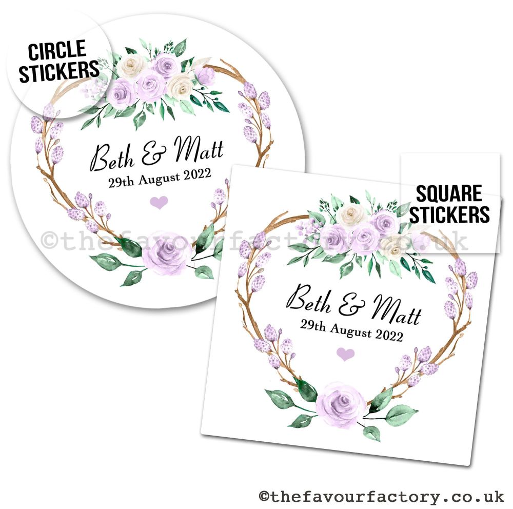 Personalised Stickers Wedding Boho Rustic Lilac Heart Wreath