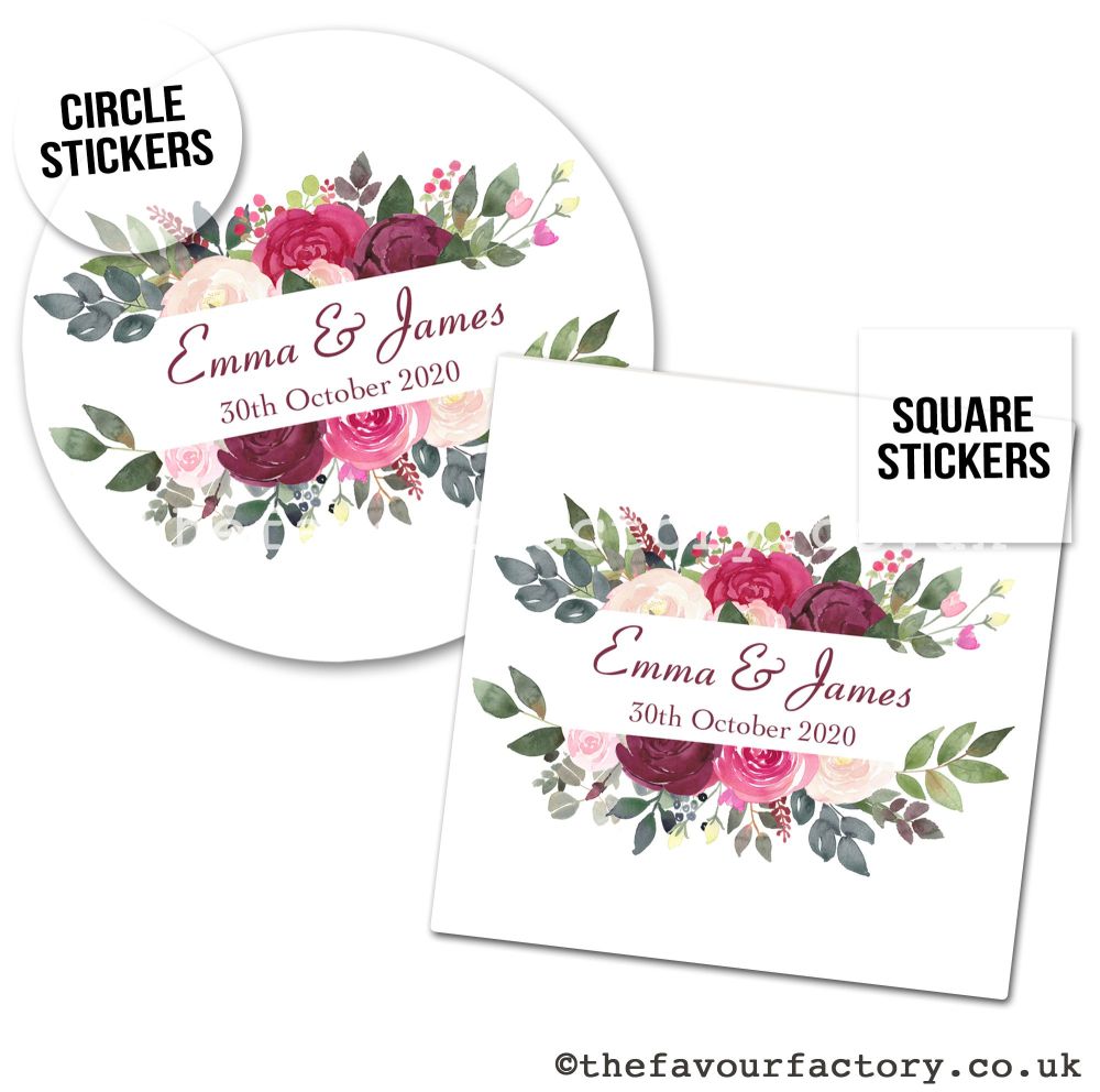 Personalised Wedding Stickers | Burgundy & Blush Floral Bouquet Banner - A4