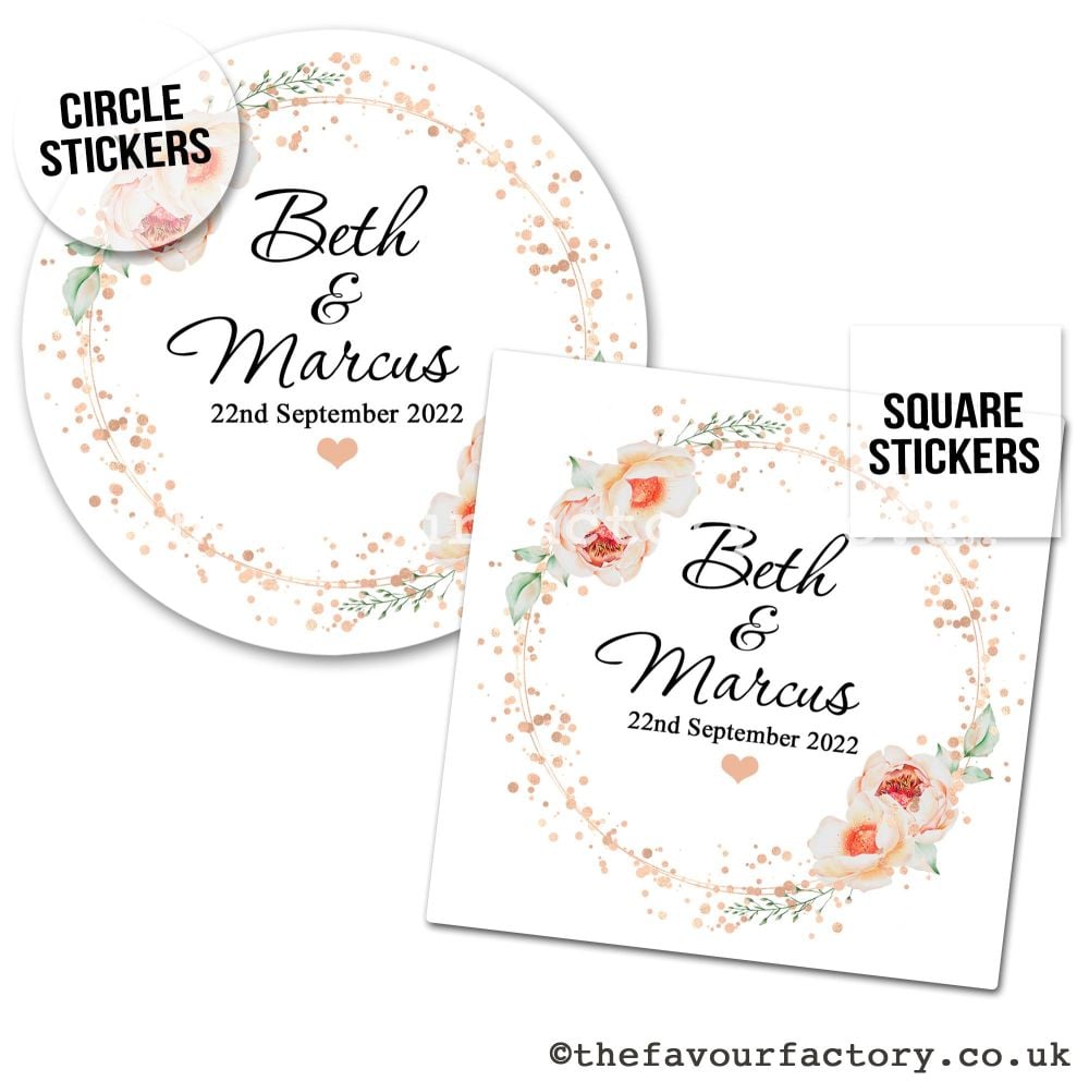 Wedding Stickers Confetti Speckle Rose Gold Florals - A4 Sheet x1
