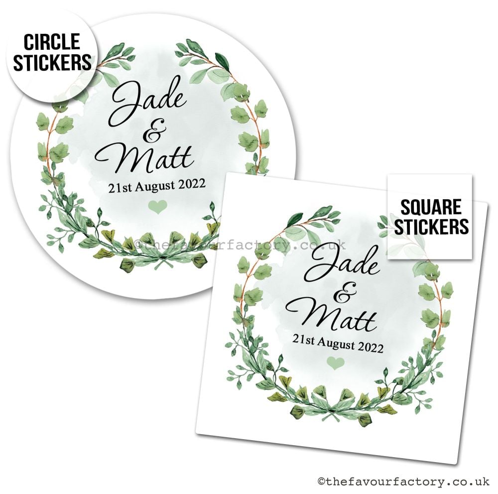 Personalised Wedding Stickers | Green Leaves Foliage Laurel Wreath - A4 Sheet x1